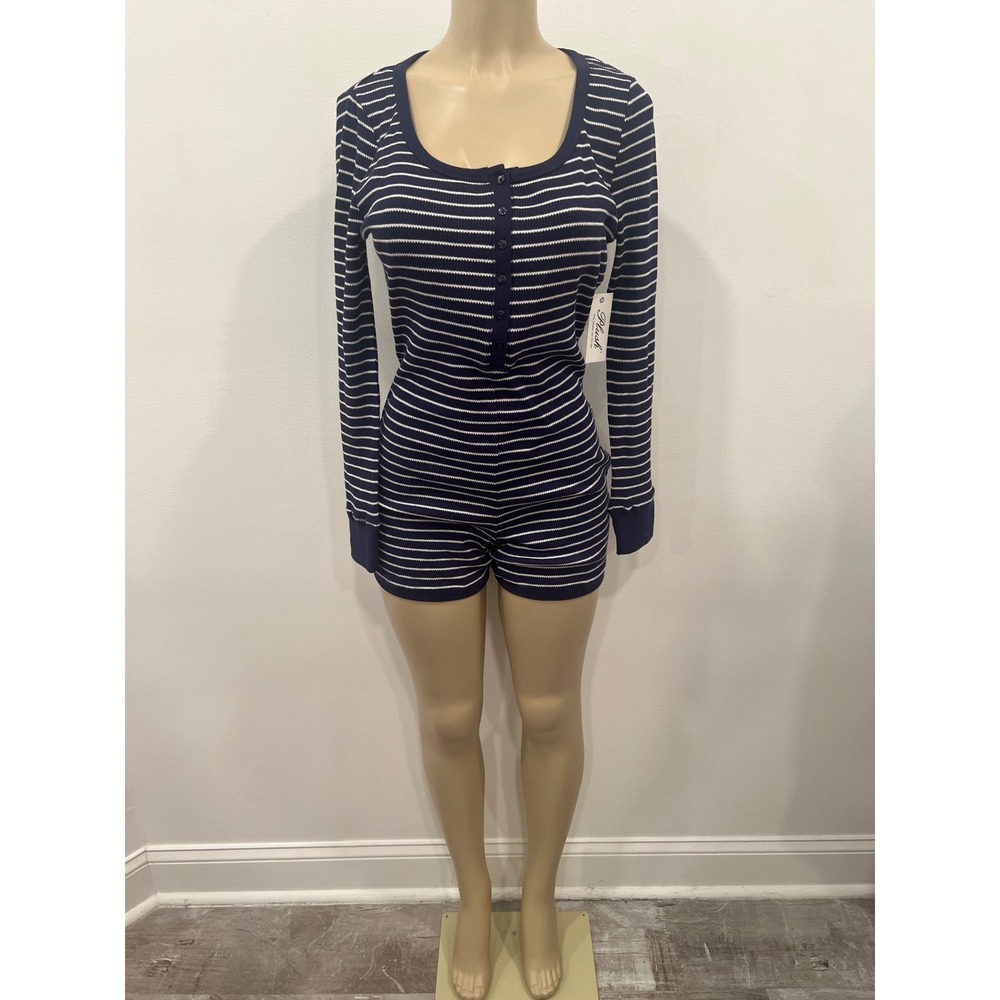 Plush Sleep Romper Womens Small Navy Blue Striped New Thermal Henley  Pajamas